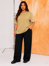 Women's Oversized Dark Beige Crew Neck Cotton Casual T-Shirt