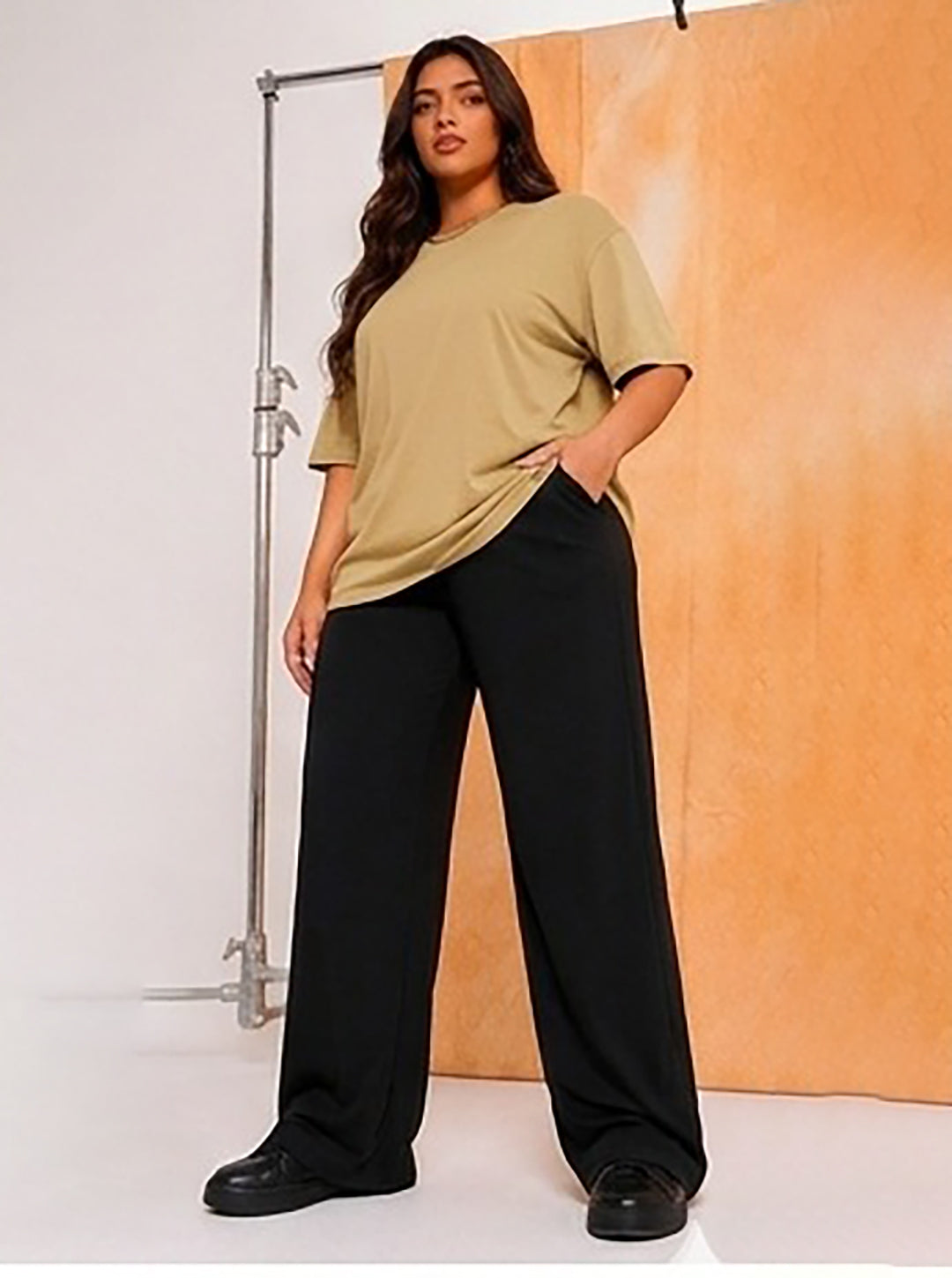 Women's Oversized Dark Beige Crew Neck Cotton Casual T-Shirt