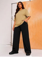 Women's Oversized Dark Beige Crew Neck Cotton Casual T-Shirt