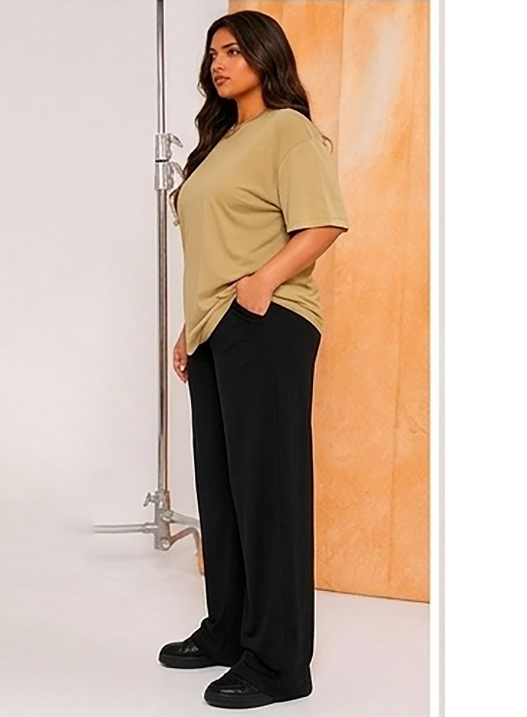 Women's Oversized Dark Beige Crew Neck Cotton Casual T-Shirt
