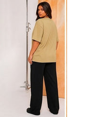 Women's Oversized Dark Beige Crew Neck Cotton Casual T-Shirt
