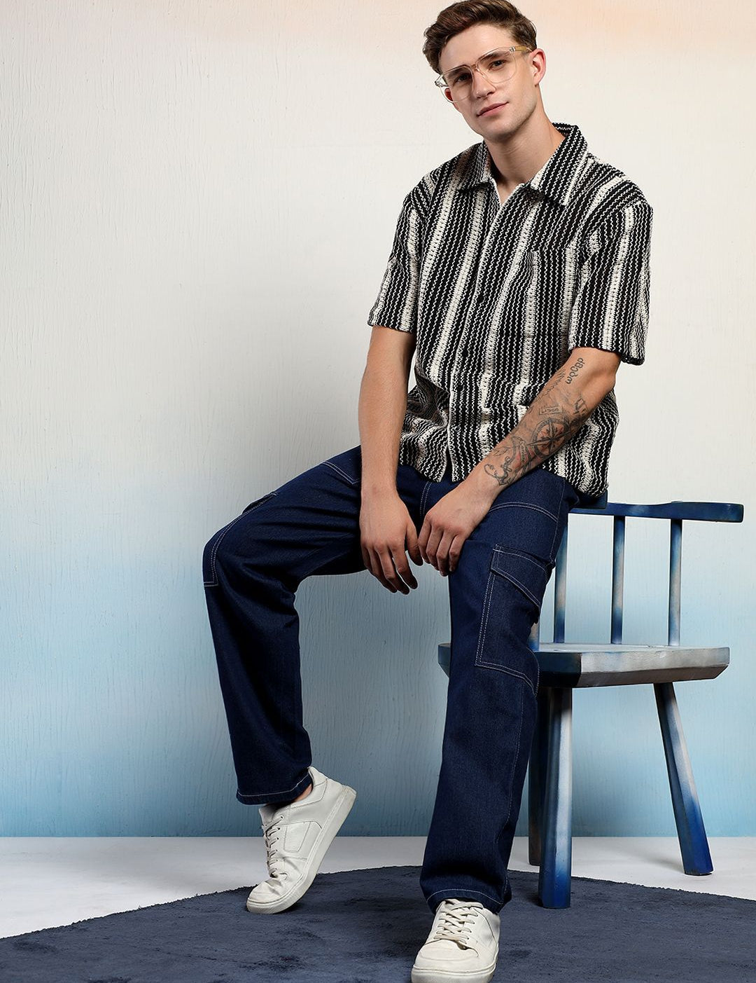 Kotty Men Monochrome Striped Cotton Shirt