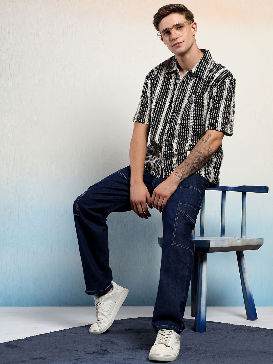 Kotty Men Monochrome Striped Cotton Shirt