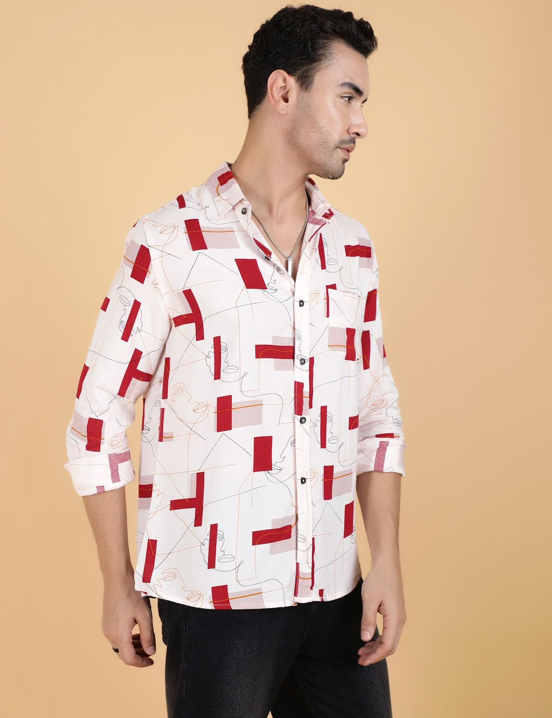 Kotty Men Relaxed Spread Collar Graphic Printed Cotton Casual Shirt
