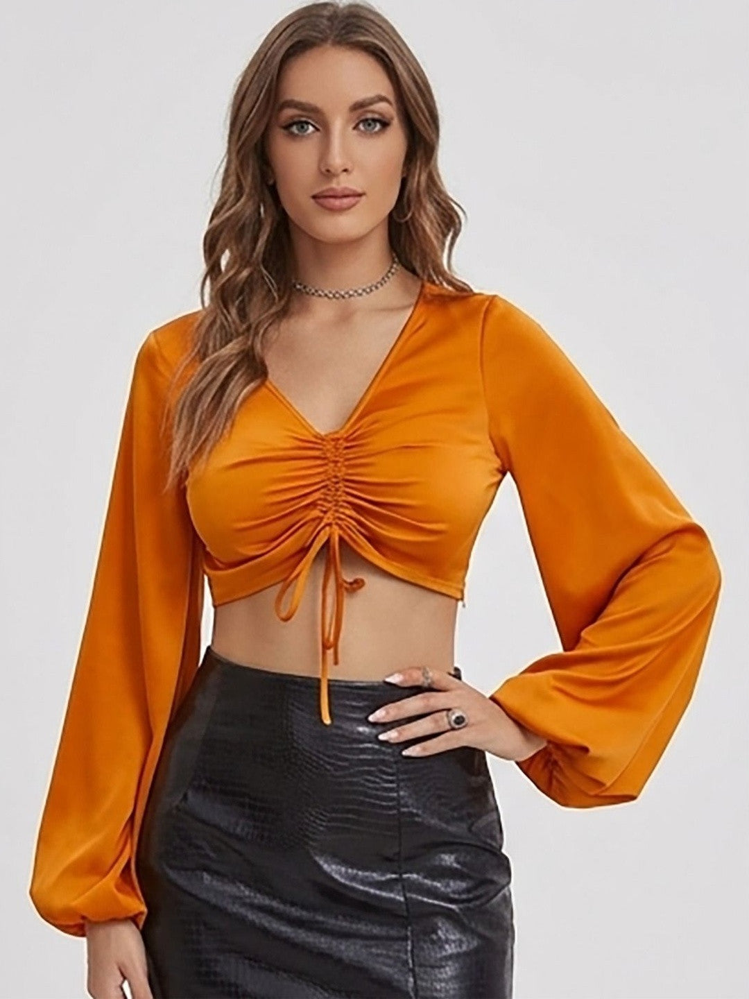 Kotty Top Coral Orange Women's Crop Long-Sleeve Fashion