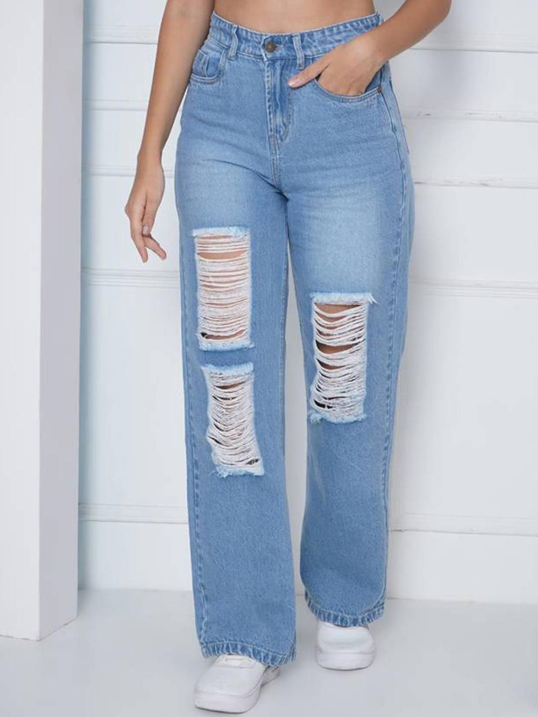 Kotty Women Straight Fit High-Rise Highly Distressed Stretchable Jeans
