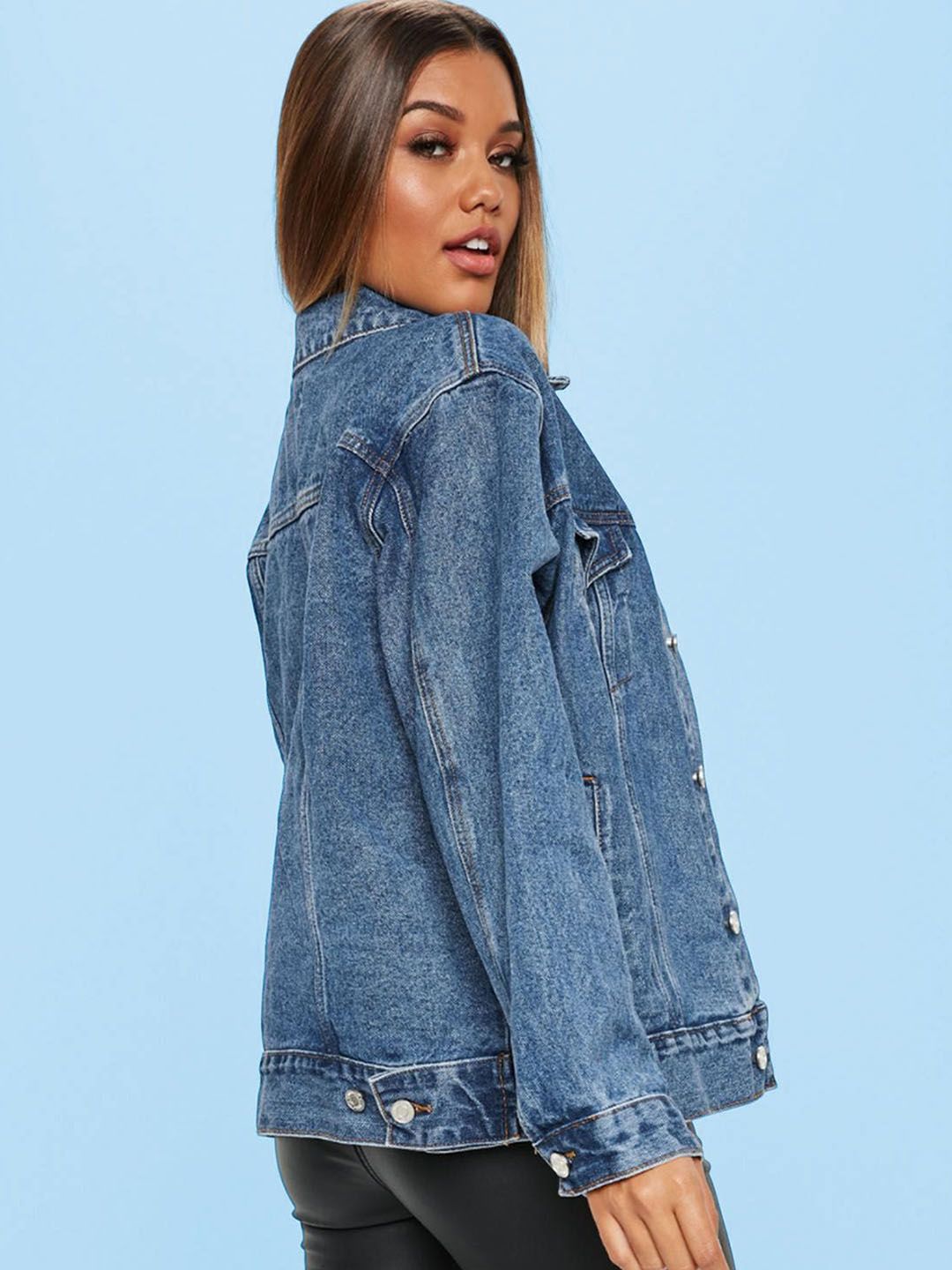 Kotty Women Spread Collar Solid Denim Casual Jacket