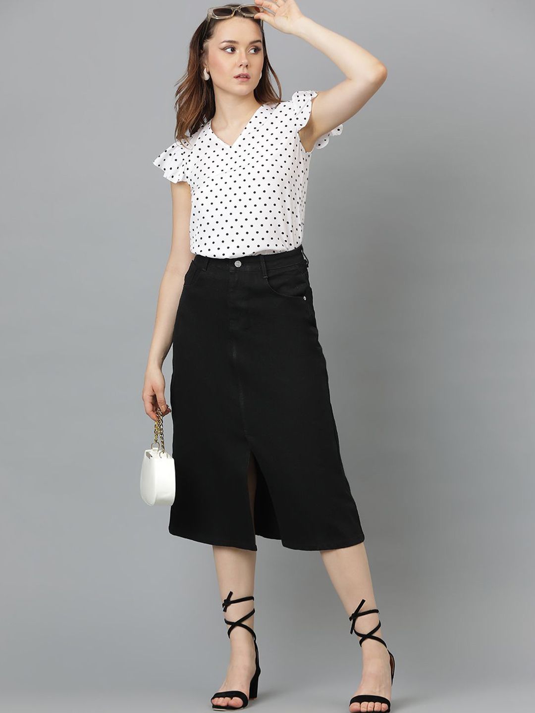 Kotty Women Polka Dot Printed V-Neck Flutter Sleeve Top
