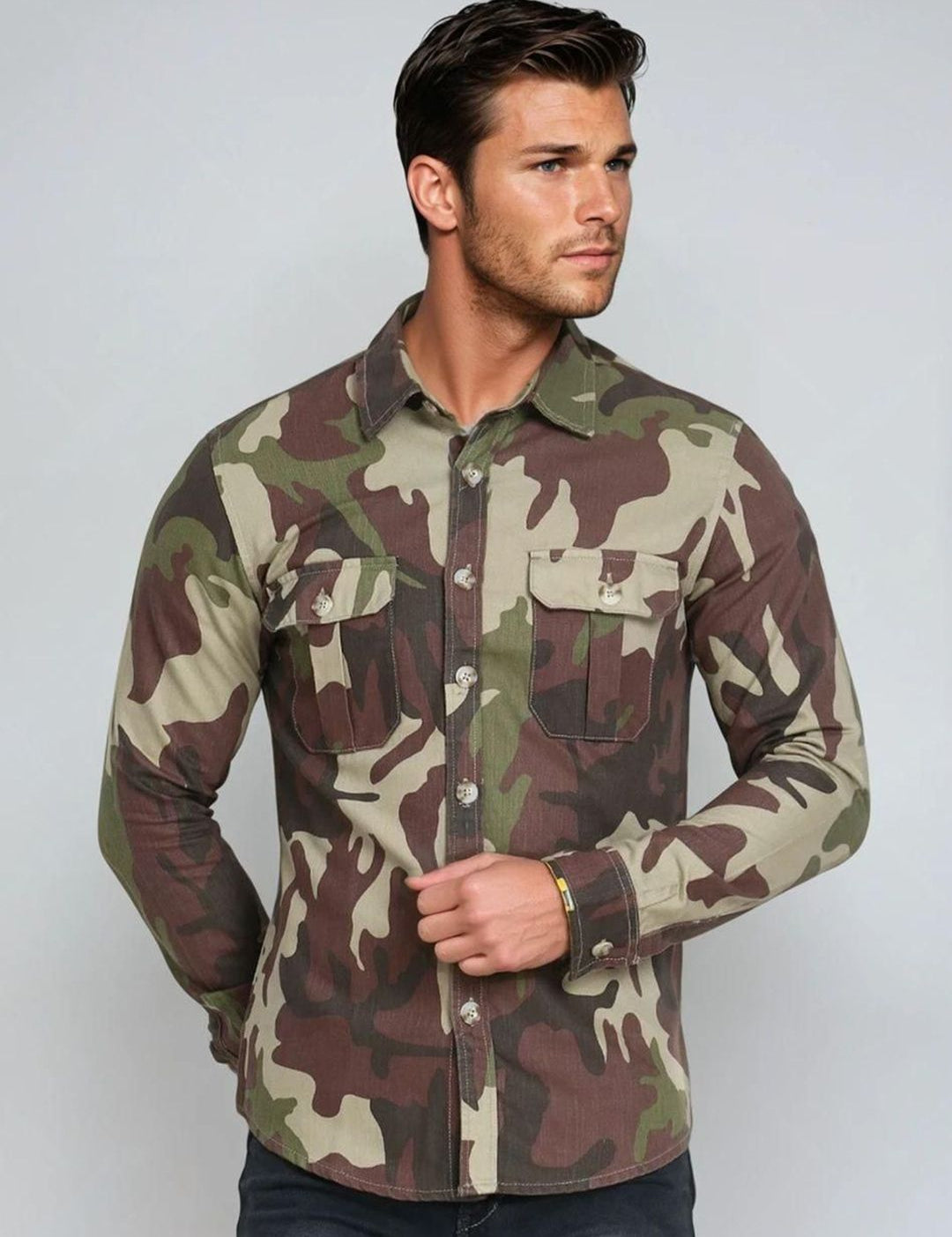 Kotty Men Spread Collar Camouflage Printed Denim Jacket