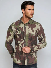 Kotty Men Spread Collar Camouflage Printed Denim Jacket