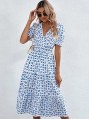 Kotty Women Floral Printed Puff Sleeves Smocked Wrap Midi Dress