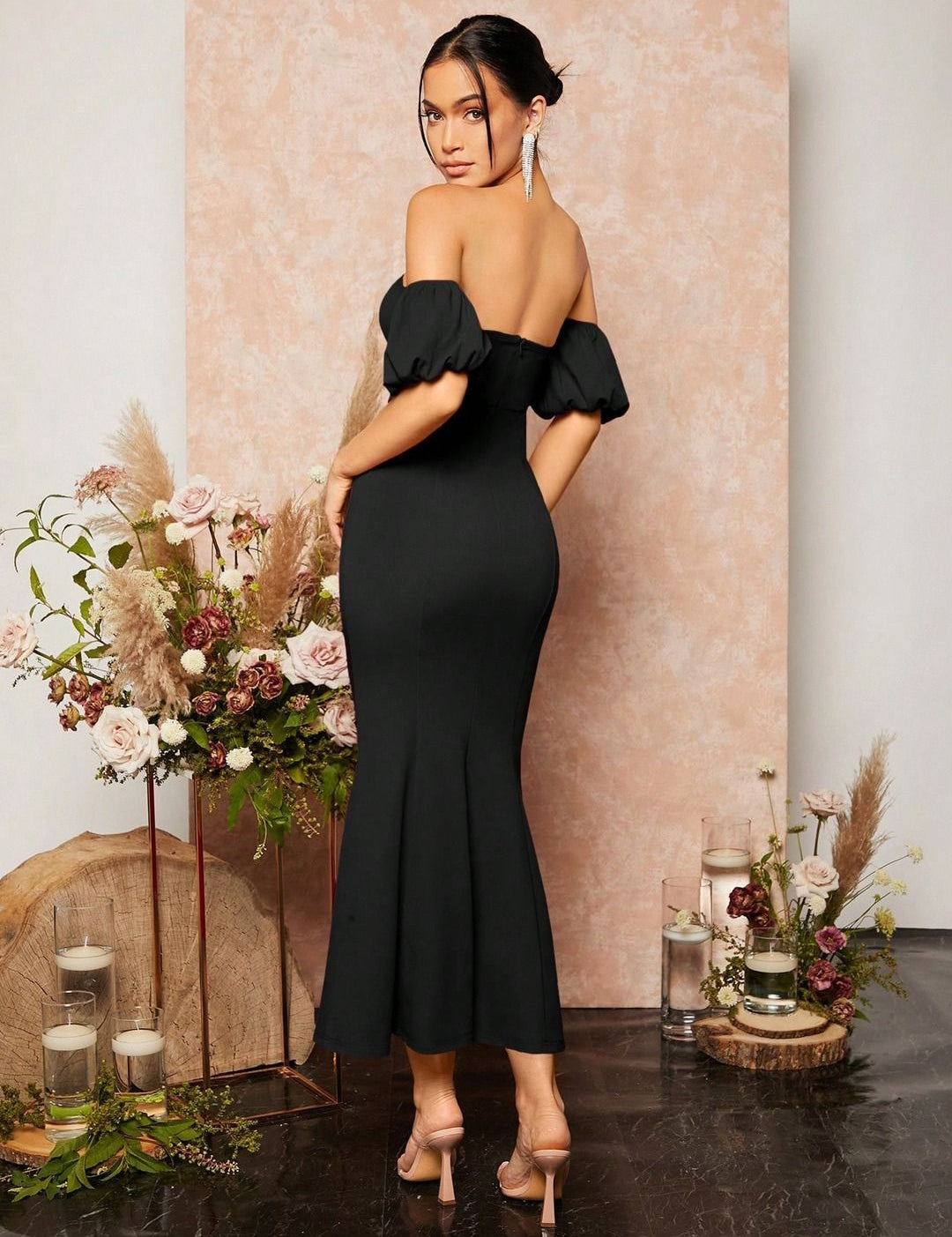Kotty Off-Shoulder Puff Sleeve Women Bodycon Midi Dress
