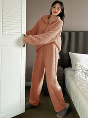 Kotty Women Lapel Collar Long Sleeves T-shirt With Pyjamas