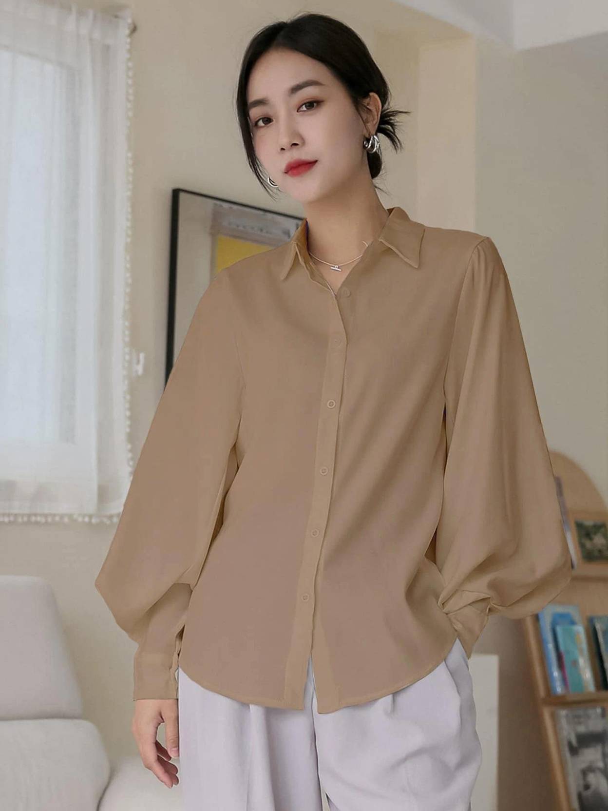 KOTTY  Casual Balloon Sleeve Solid Women Beige Top