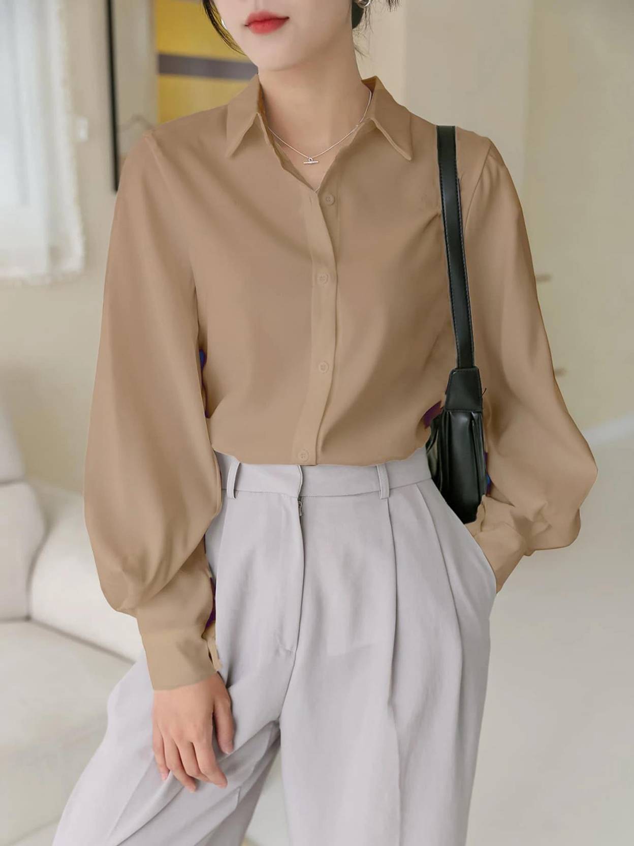 KOTTY  Casual Balloon Sleeve Solid Women Beige Top