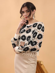 KOTTY Casual Batwing Sleeves Printed, Self Design Women Multicolor Top