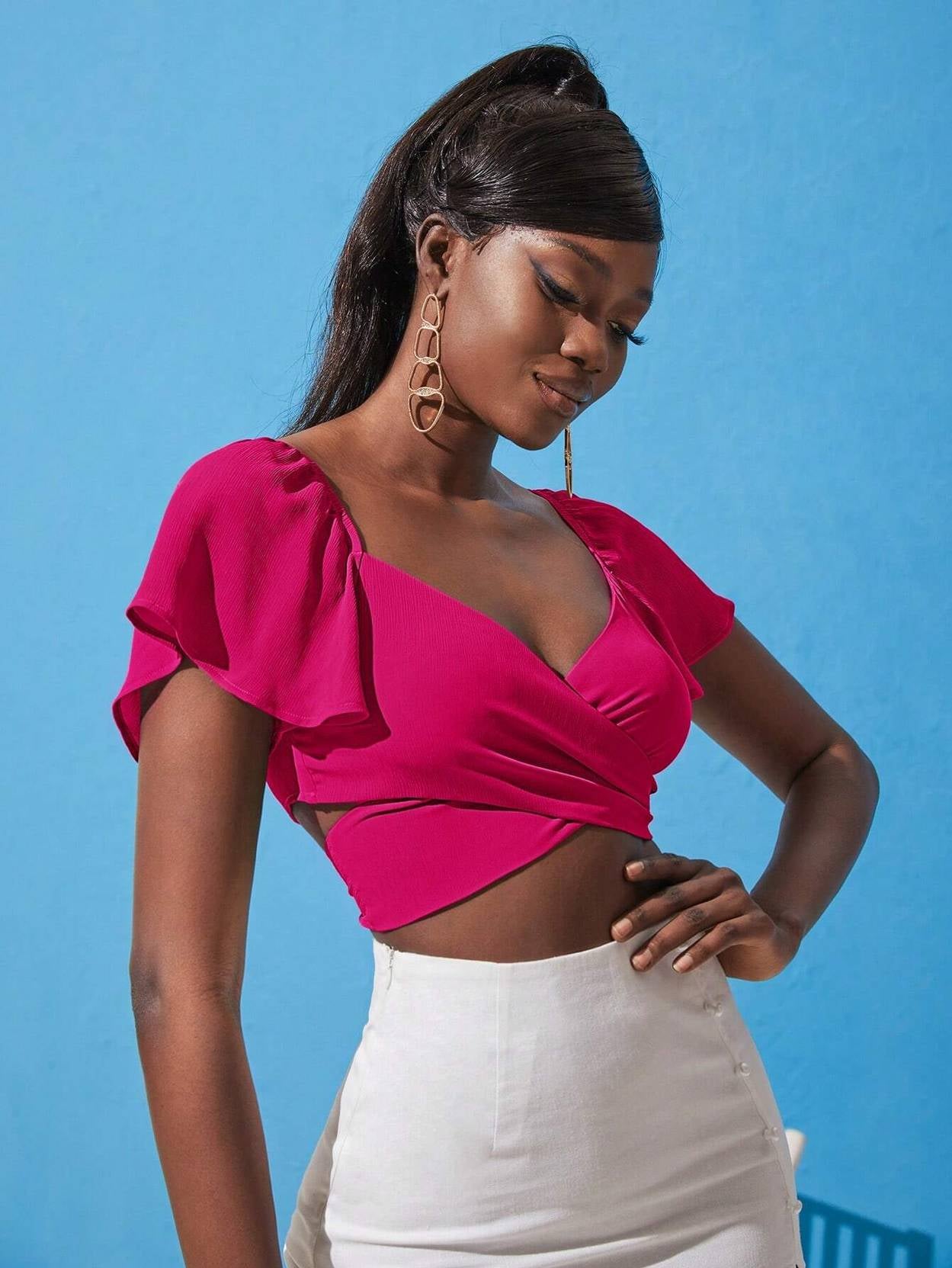 KOTTY Casual Flared Sleeves Solid Women Pink Top