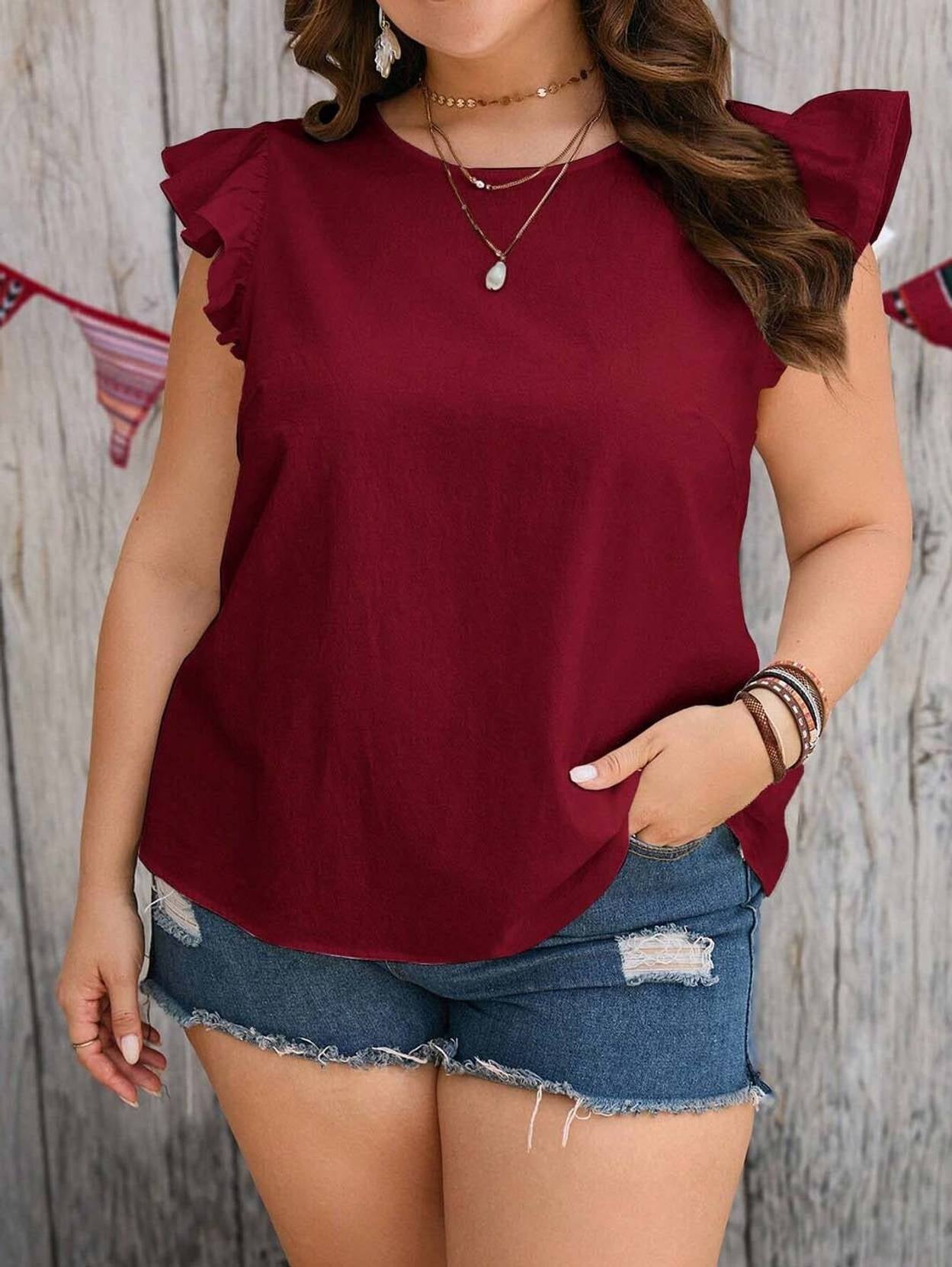 KOTTY Casual Flutter Sleeves Solid Women Red Top