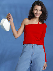 KOTTY Casual One Shoulder Sleeves Solid Women Red Top