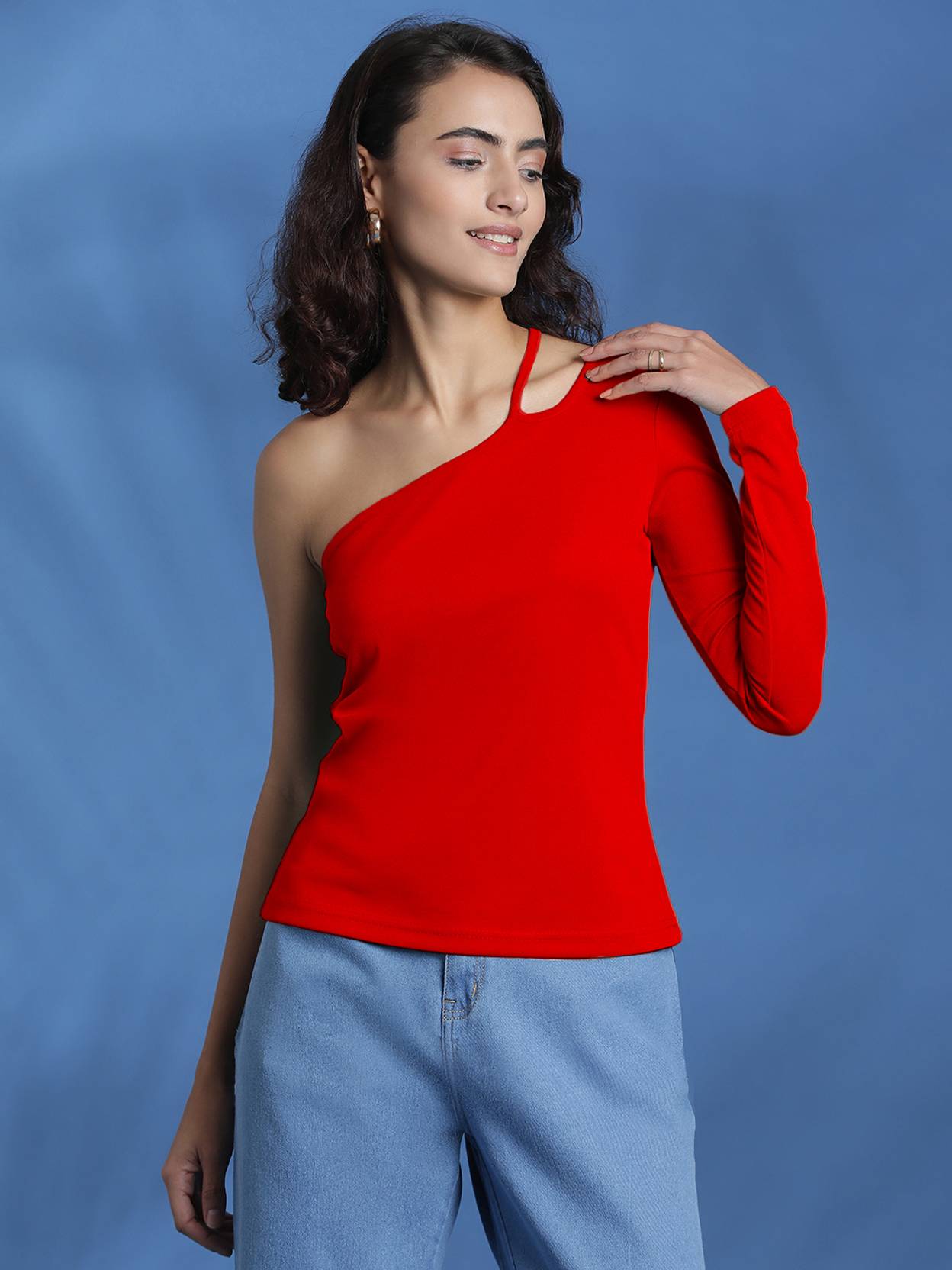 KOTTY Casual One Shoulder Sleeves Solid Women Red Top