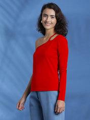 KOTTY Casual One Shoulder Sleeves Solid Women Red Top