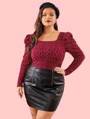 Curvy CLOSET  Casual Puff Sleeves Printed Women Maroon Top