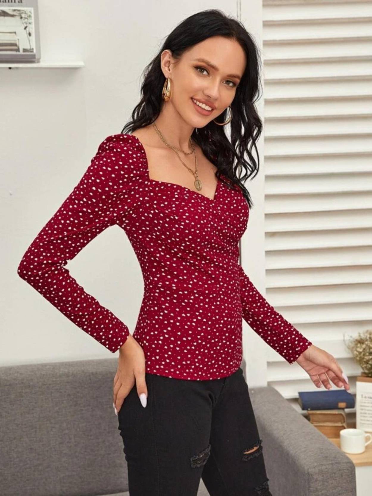 KOTTY  Casual Puff Sleeves Printed Women Maroon Top