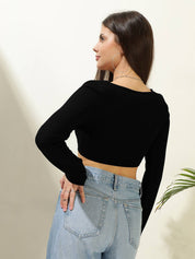 KOTTY Casual Regular Sleeves Solid Women Black Top