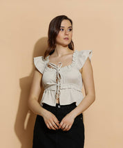 KOTTY Casual Ruffled Sleeves Solid Women Beige Top
