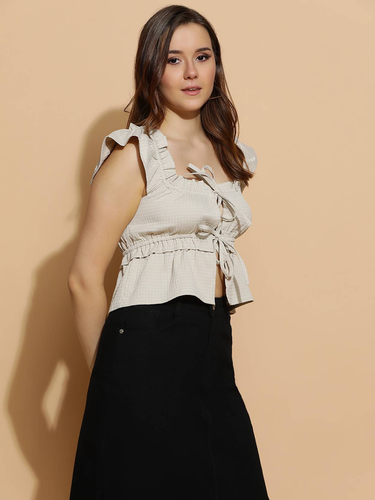 KOTTY Casual Ruffled Sleeves Solid Women Beige Top
