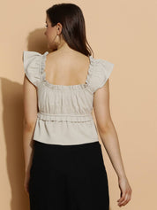 KOTTY Casual Ruffled Sleeves Solid Women Beige Top