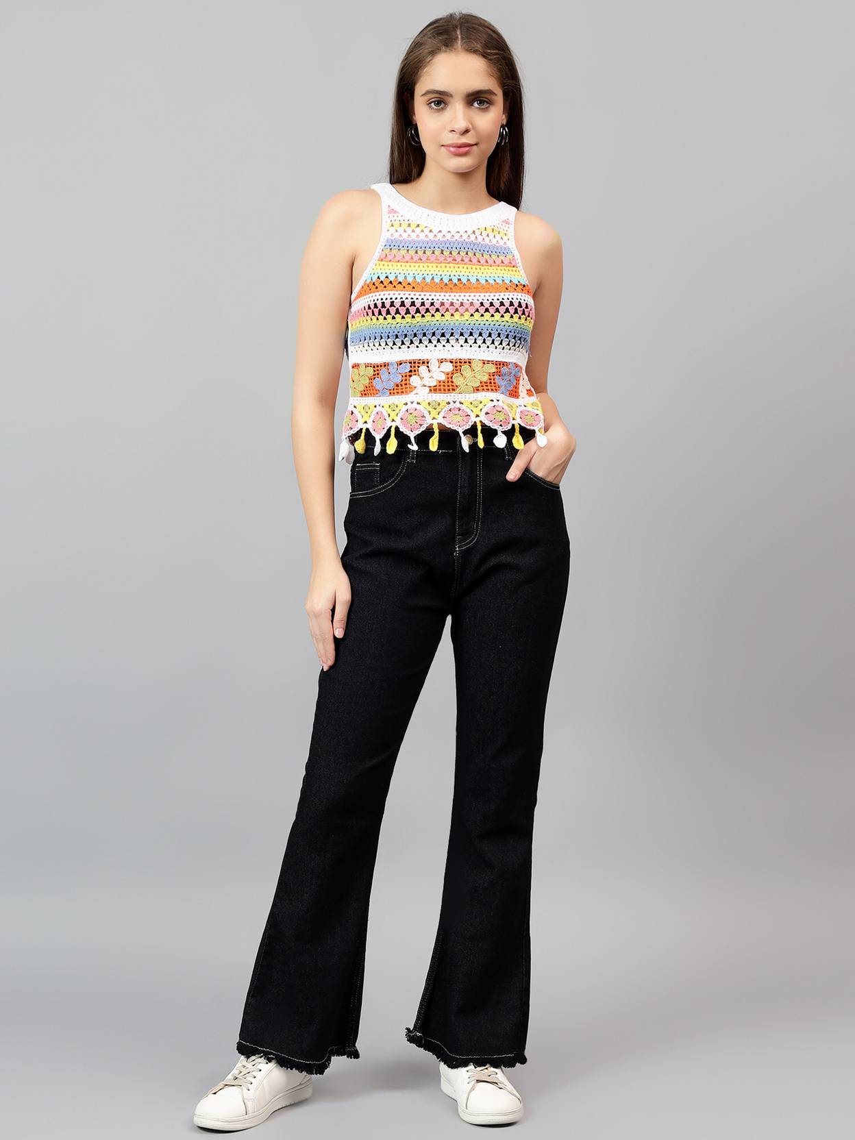 KOTTY Casual Sleeveless Laser Cut Women Multicolor Top