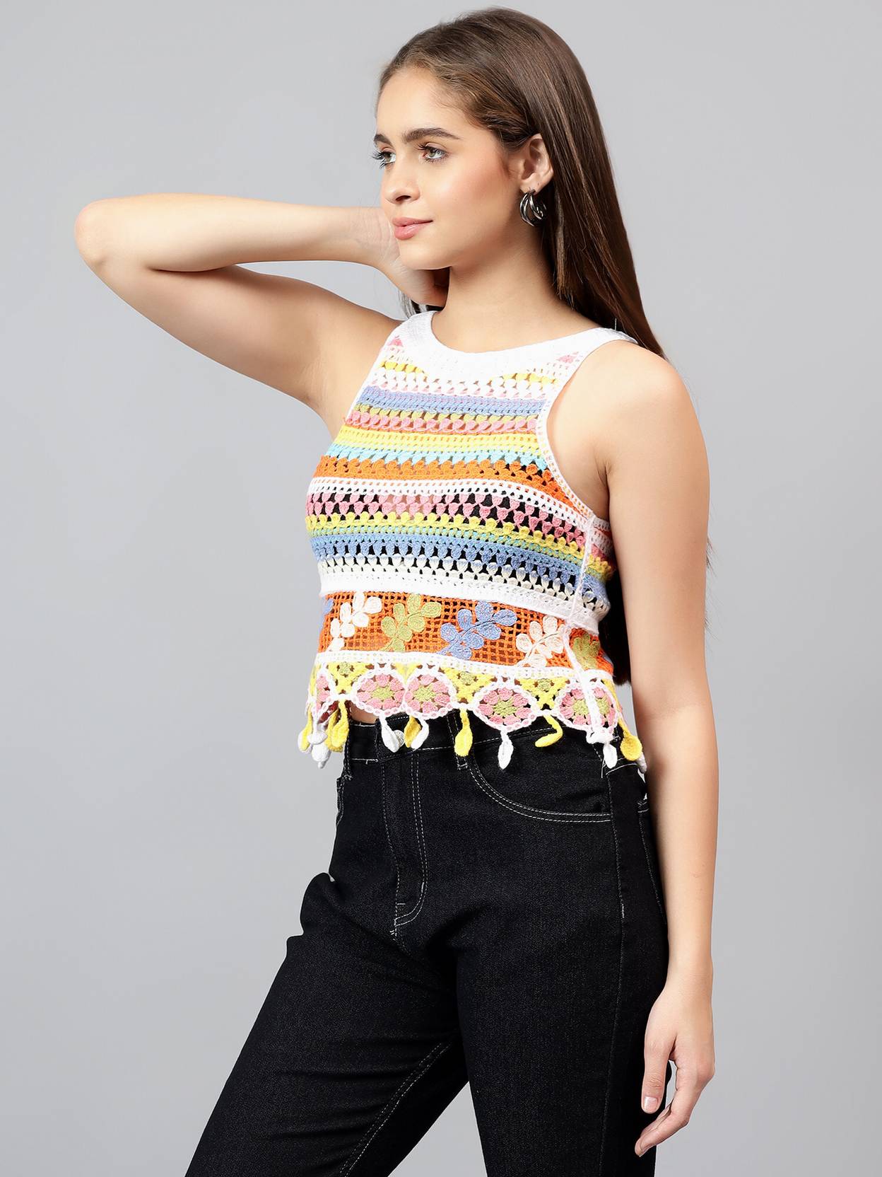 KOTTY Casual Sleeveless Laser Cut Women Multicolor Top