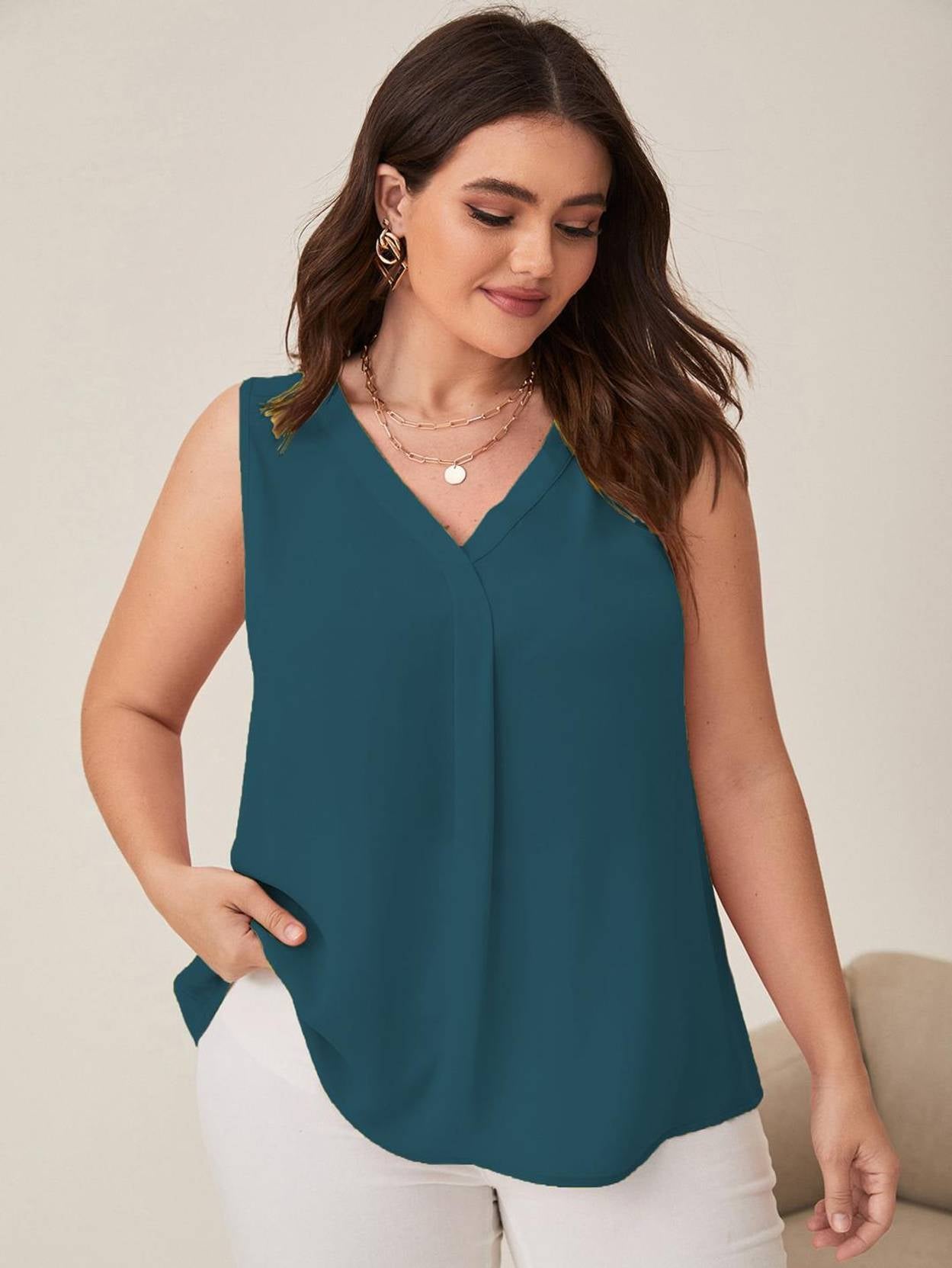 Curvy CLOSET  Casual Sleeveless Solid Women Dark Green Top