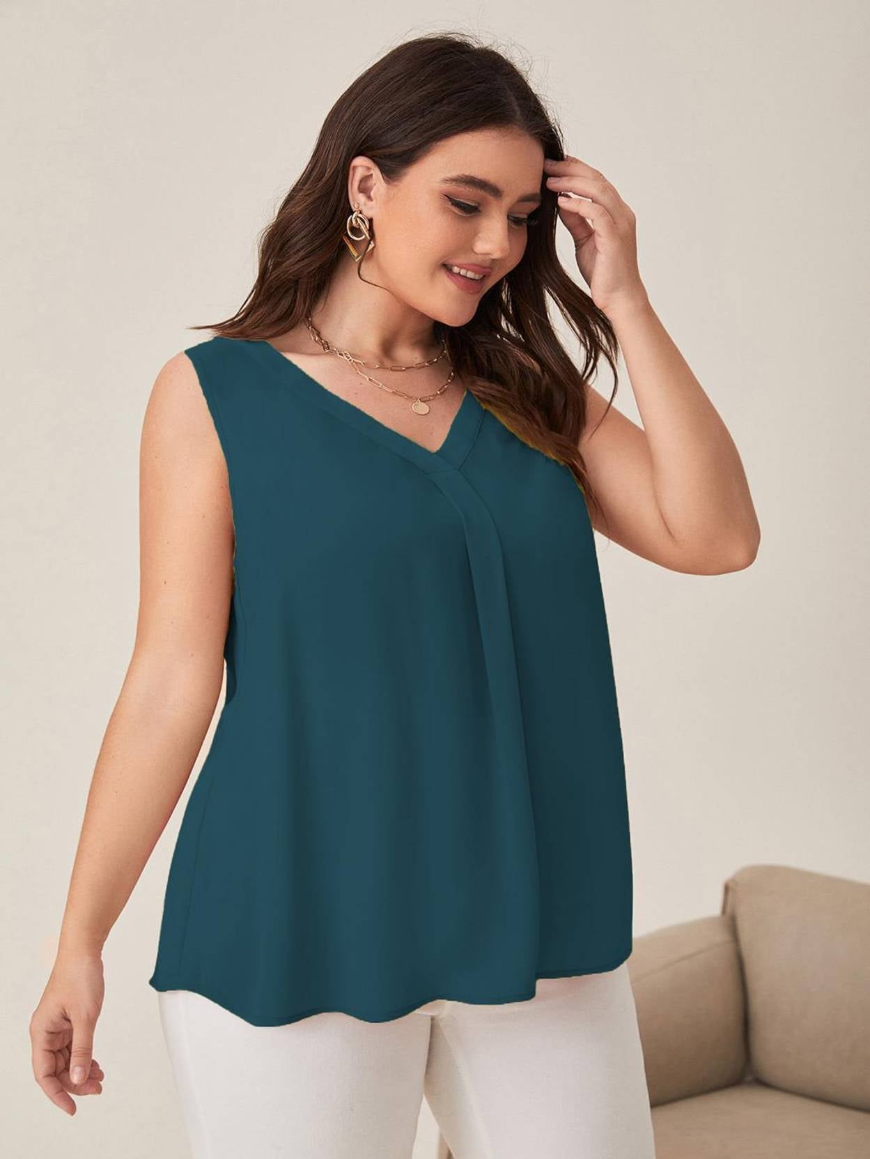 Curvy CLOSET  Casual Sleeveless Solid Women Dark Green Top