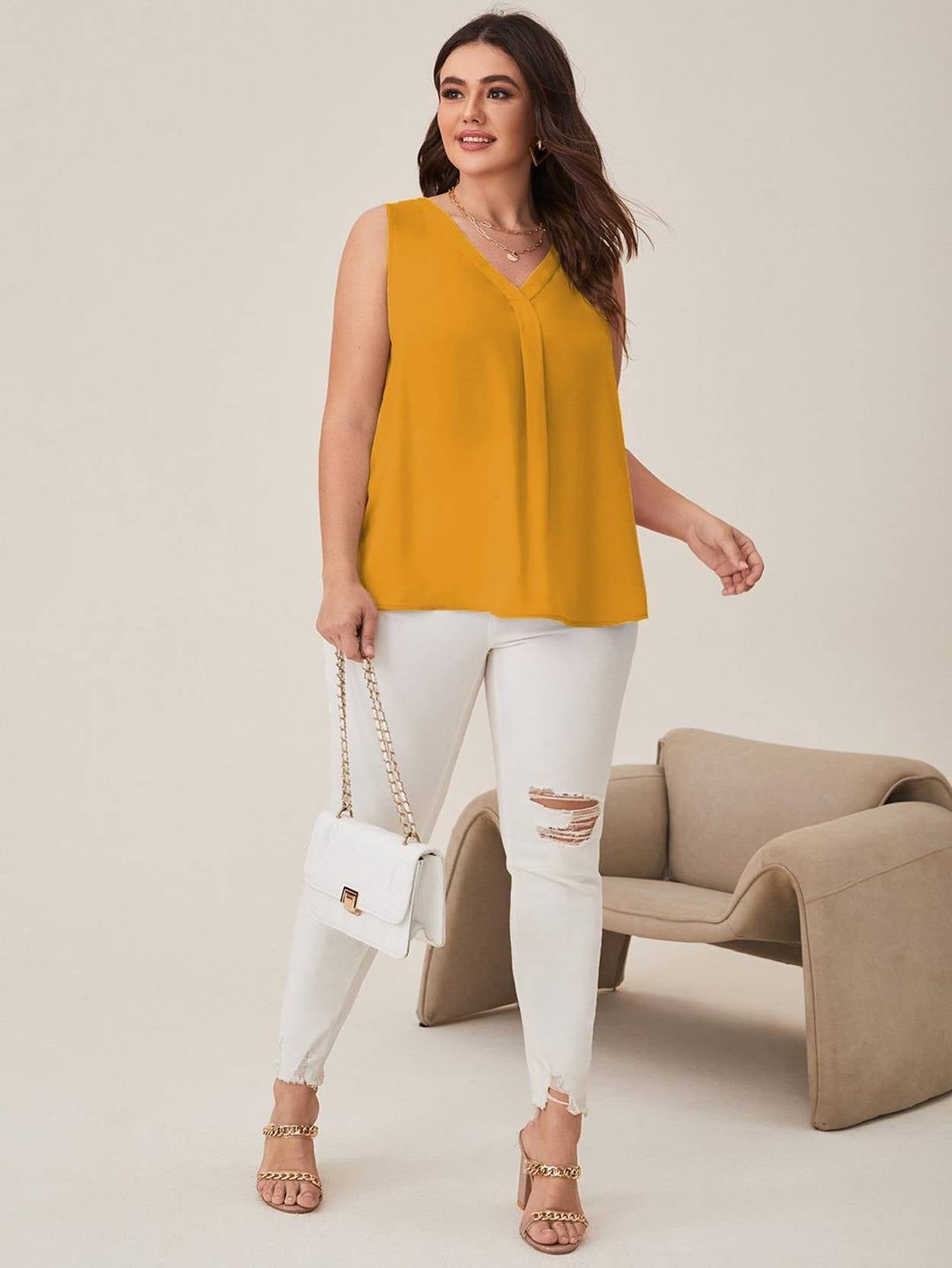 Curvy CLOSET  Casual Sleeveless Solid Women Yellow Top