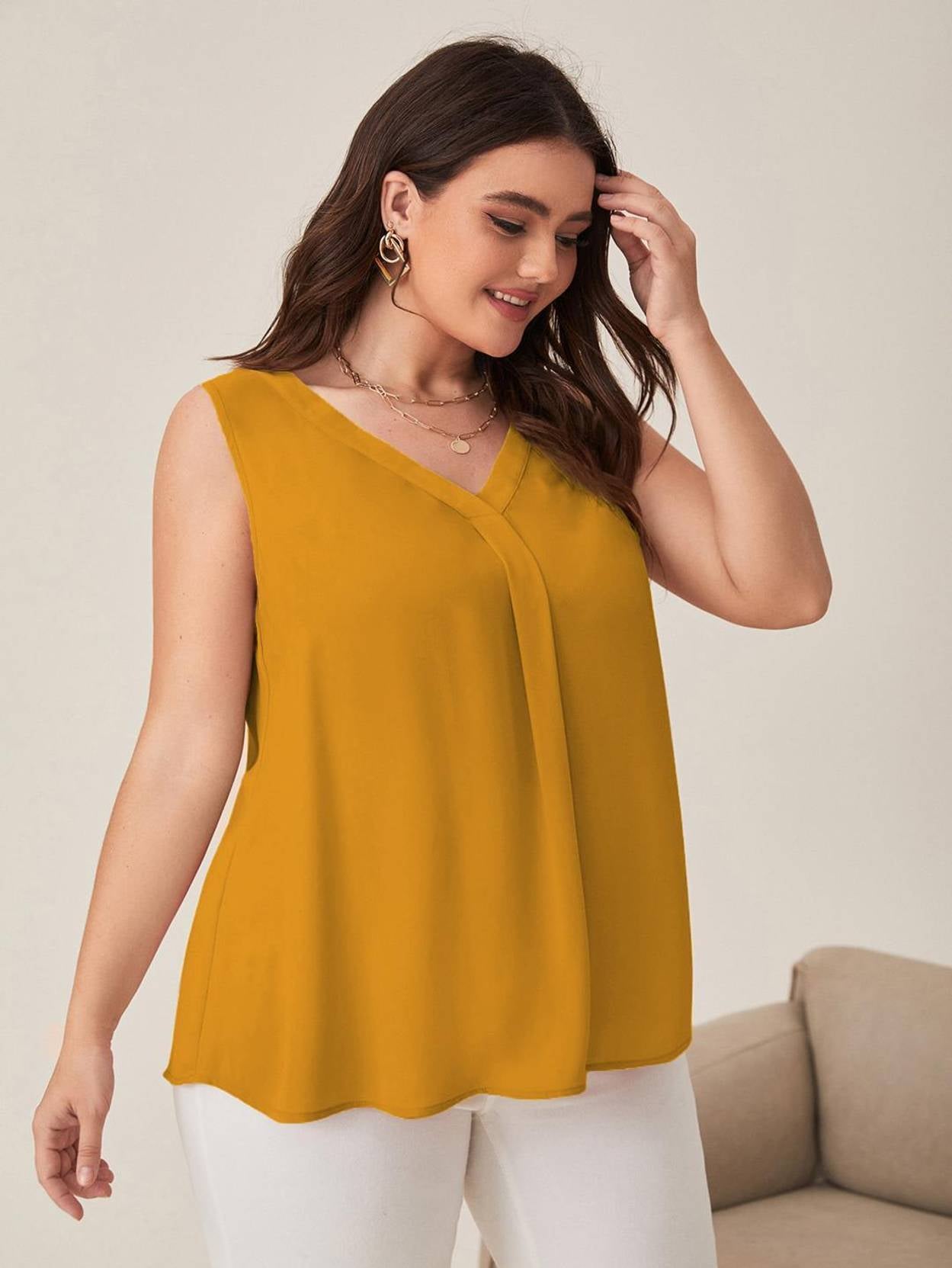 Curvy CLOSET  Casual Sleeveless Solid Women Yellow Top