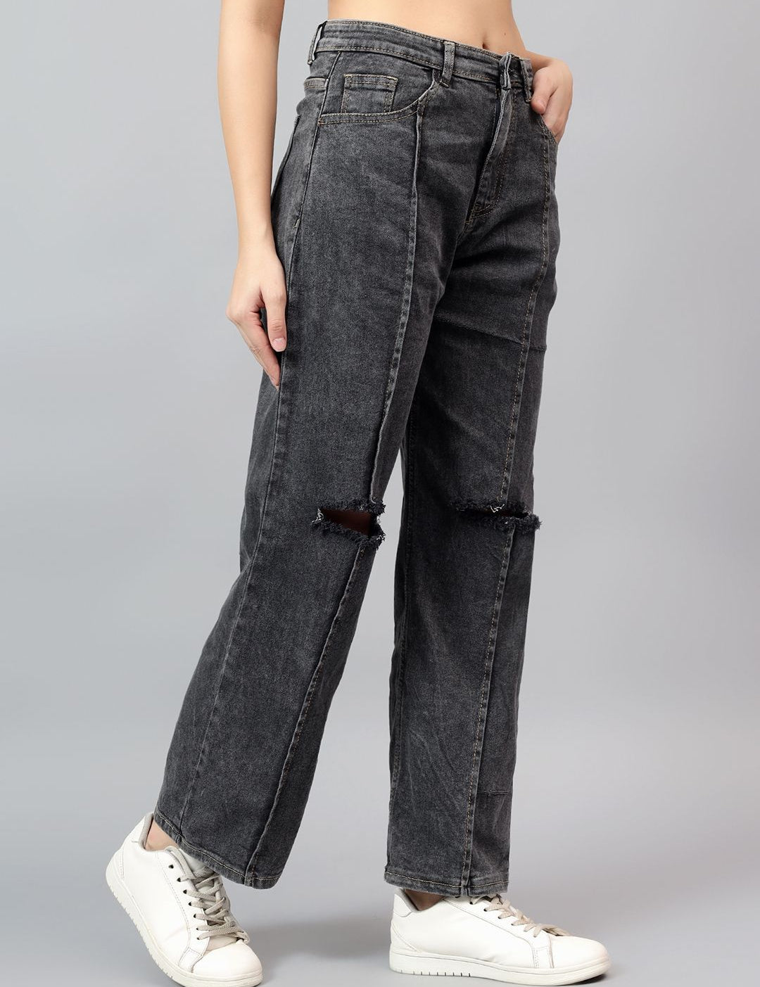 Kotty Women Straight Fit High-Rise Low Distress Cotton Stretchable Jeans