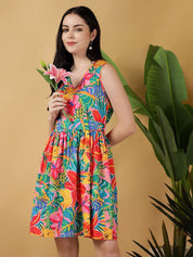 Kotty Women Print V Neck Sleeveless Above Knee Fit & Flare Dress