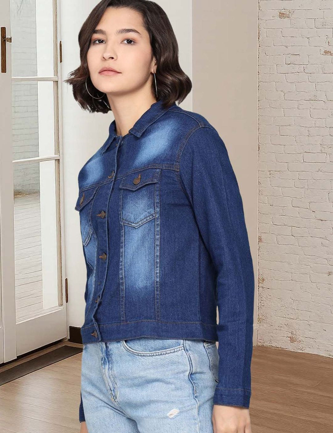 Kotty Women Spread Collar Solid Denim Jacket
