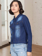 Kotty Women Spread Collar Solid Denim Jacket