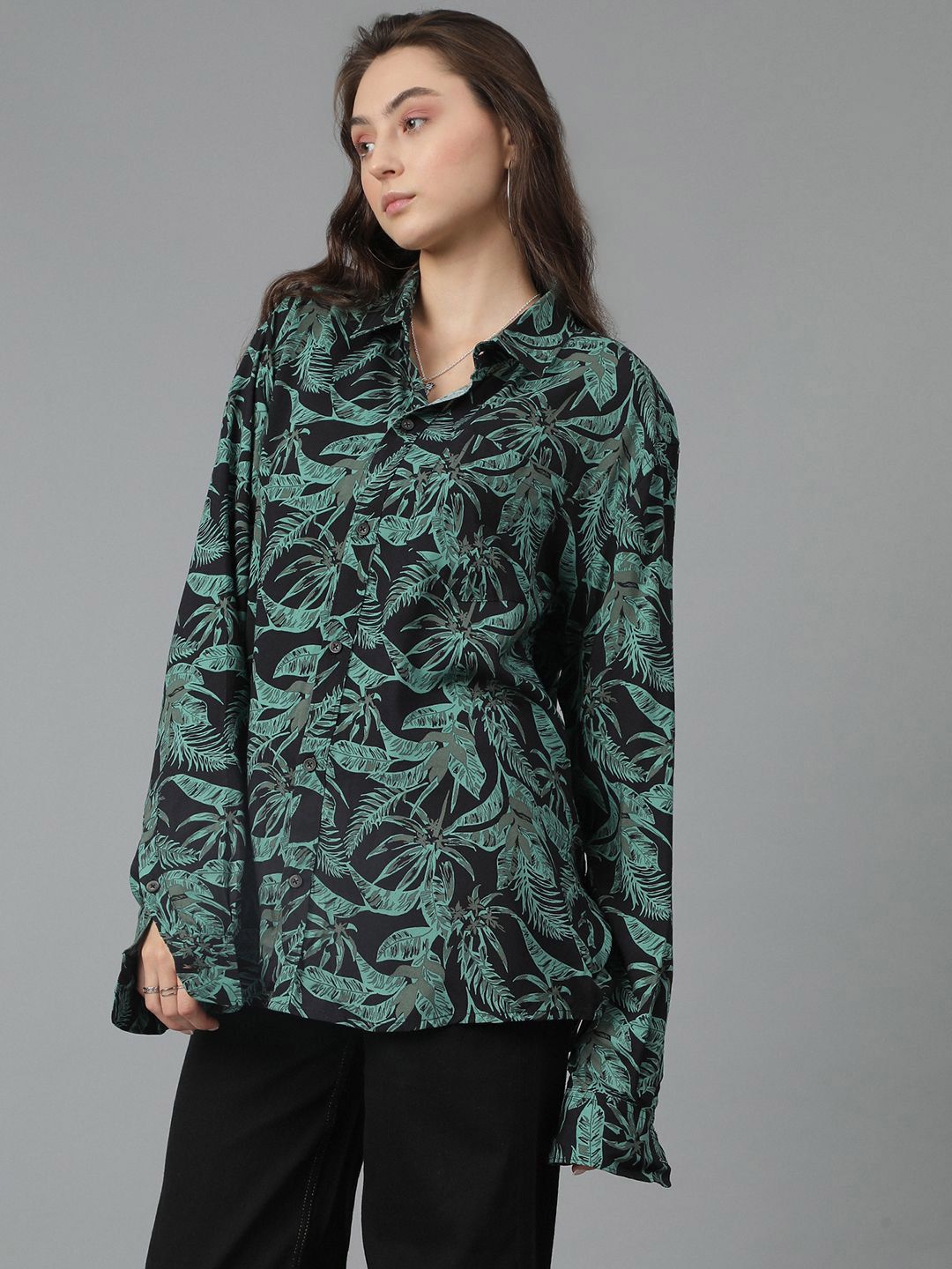Kotty Women Spread Collar Floral Printed Cotton Oversized Casual Shirt