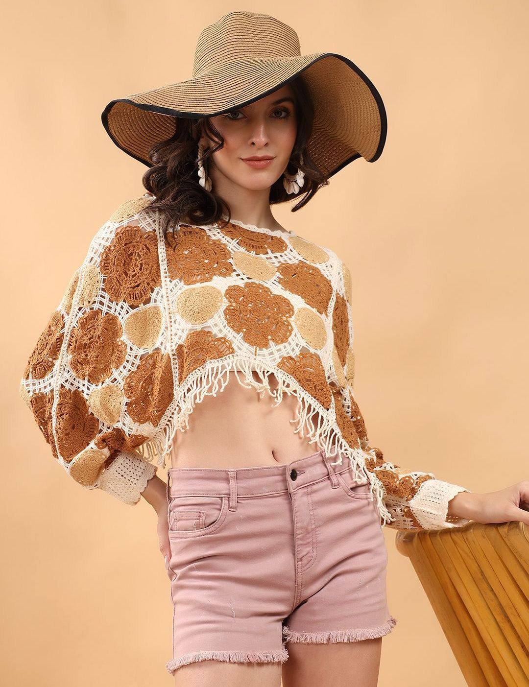 Kotty Self Design Batwing Sleeves Crop Top