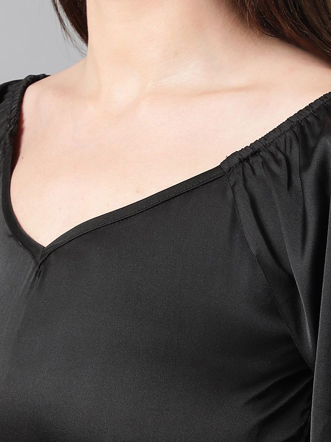 Kotty Women Solid V-Neck  Bishop Sleeves Satin Crop Top