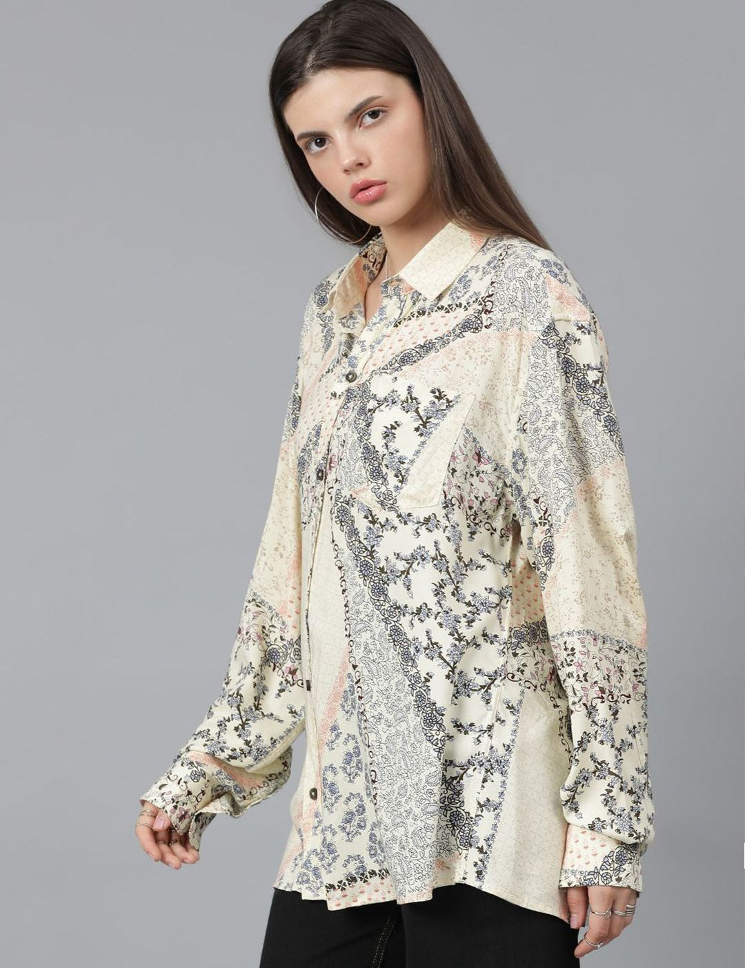 Kotty Women Spread Collar Floral Printed Cotton Oversized Casual Shirt