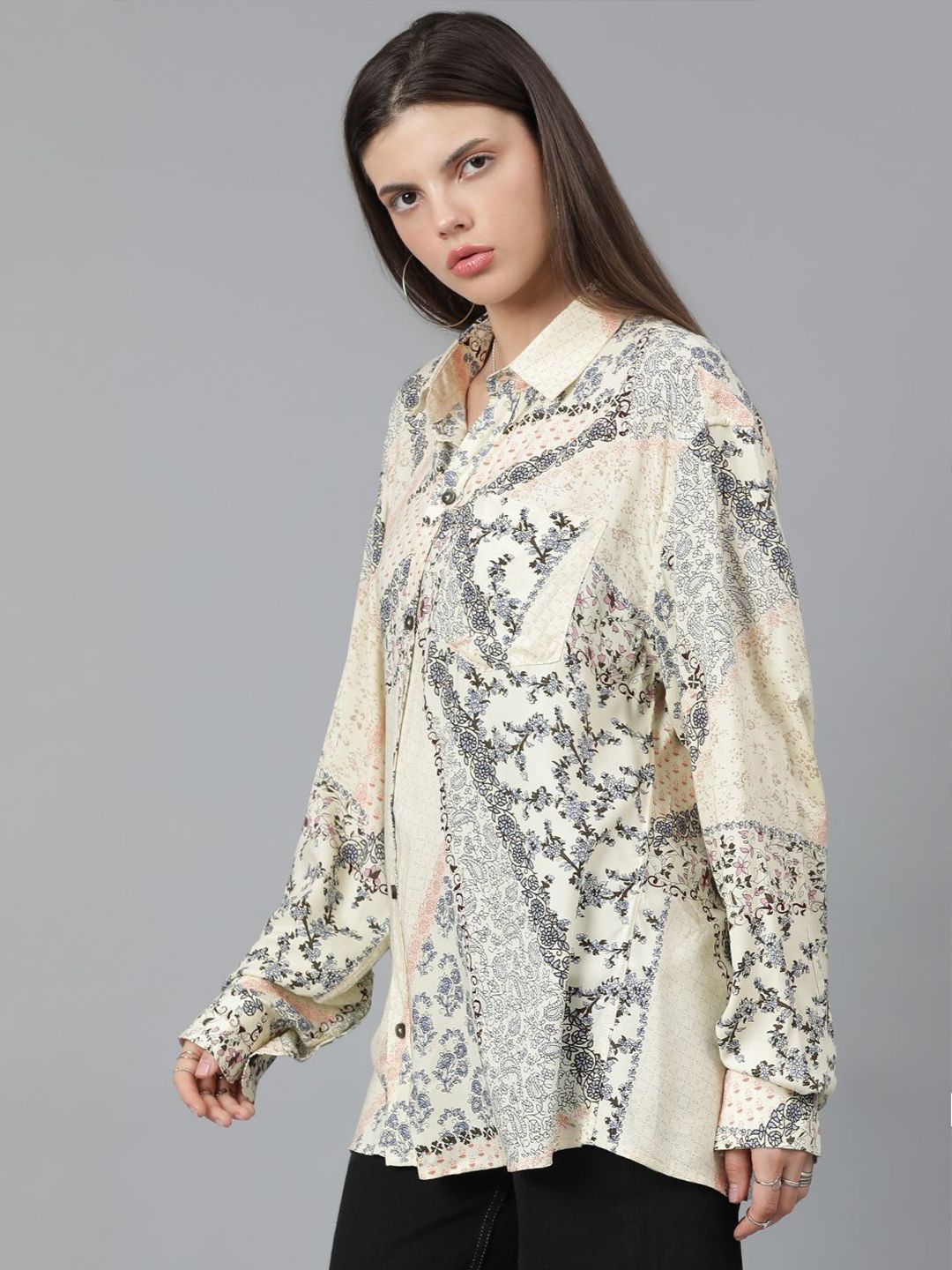 Kotty Women Spread Collar Floral Printed Cotton Oversized Casual Shirt