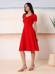 Kotty Women Solid Sweetheart Neck Puff Sleeve A-Line Midi Dress