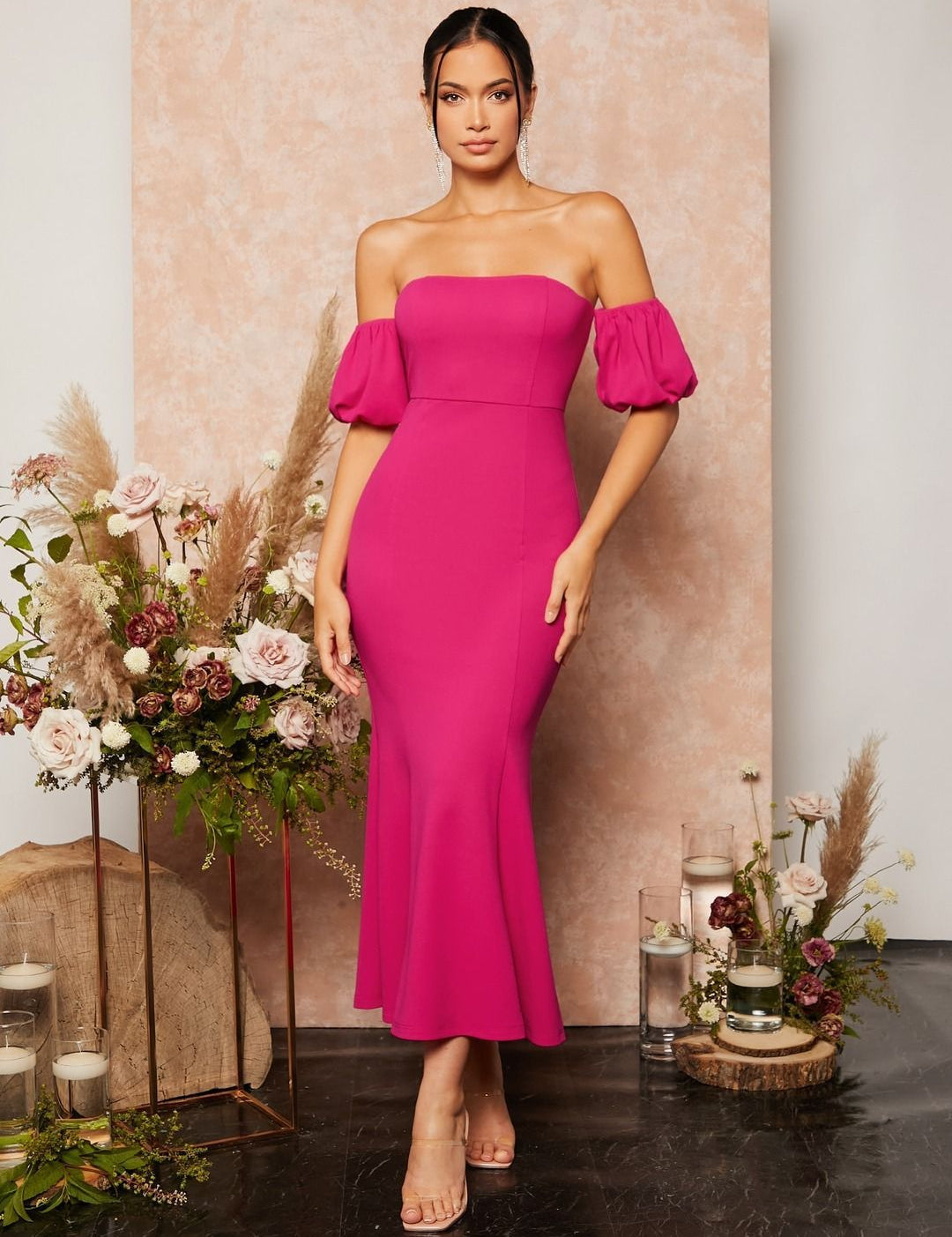 Kotty Women Off-Shoulder Puff Sleeve Bodycon Midi Dress