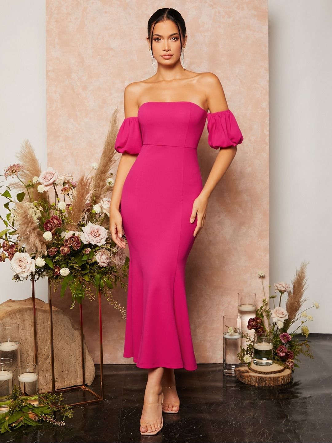 Kotty Women Off-Shoulder Puff Sleeve Bodycon Midi Dress