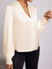 Kotty Women V-Neck Cuffed Sleeve Satin Top